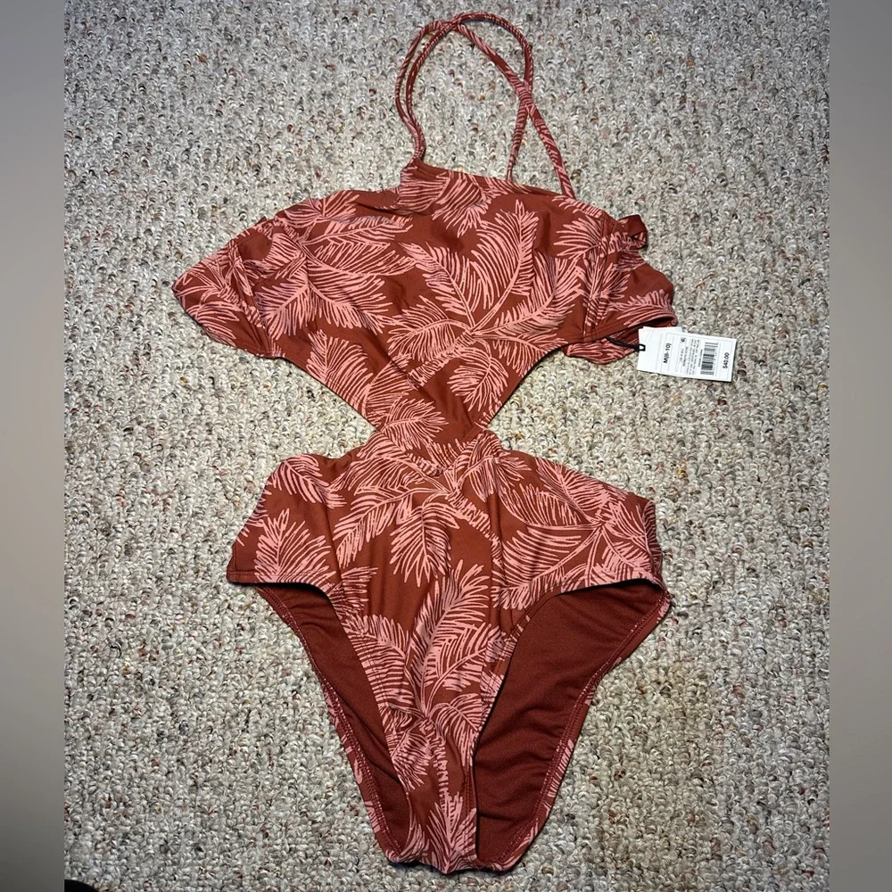 NWT Shade and Shore Swimsuit Women's Medium Halter One Piece Rust Palm Print - Picture 2 of 5